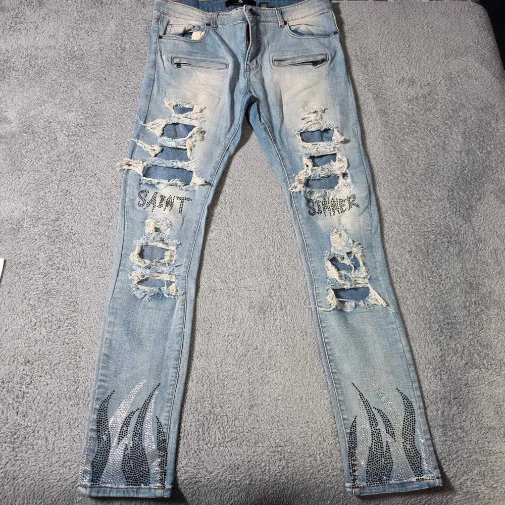Focus Jeans Mens 36x34 Distress Slim Light Saint Sinner Rhinestone NO ZIPPER